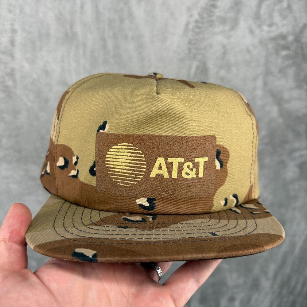 Vintage 80s AT&T Hat Snapback Camo Cotton Made In USA Blue Stakes Utah Royces